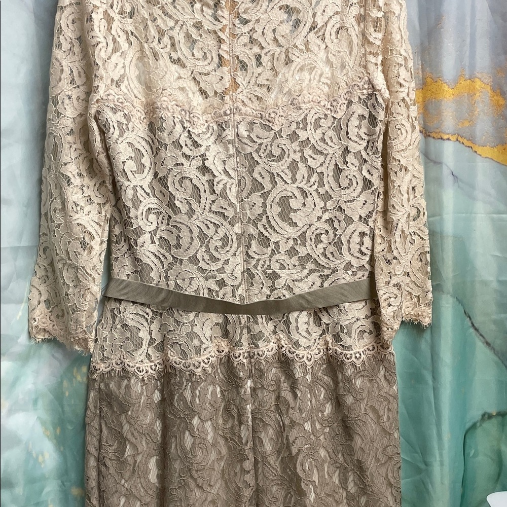 Tadashi Shoji Lace 3/4 Sleeve Dress in Cream and Tan with Belt - Picture 8 of 9